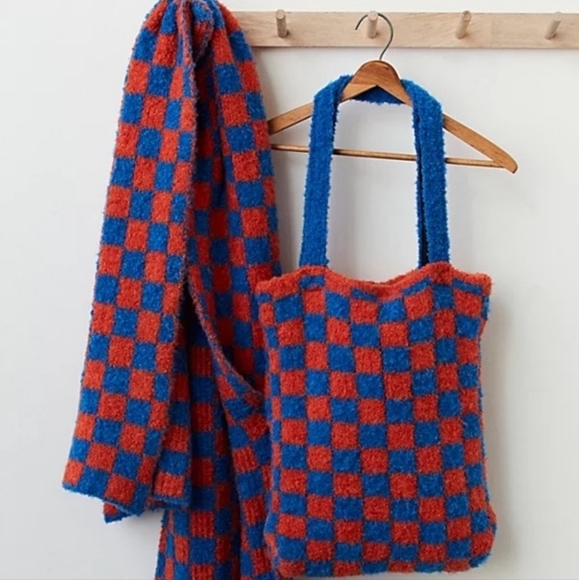 Free People Checkered Tote and Scarf Set Orange and Blue. - Picture 1 of 15